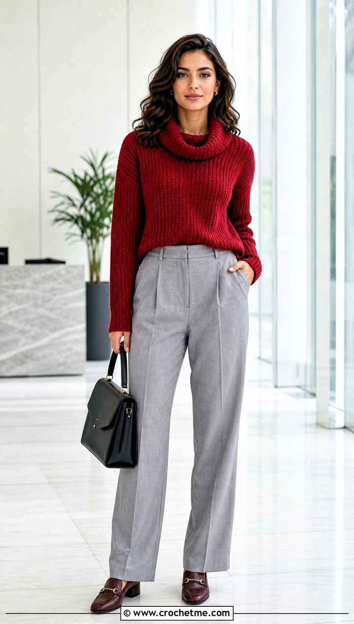 Ribbed Crochet Cowl Neck Sweater With Pleated Trousers - 25 Crochet Cowl Neck Sweater outfit ideas