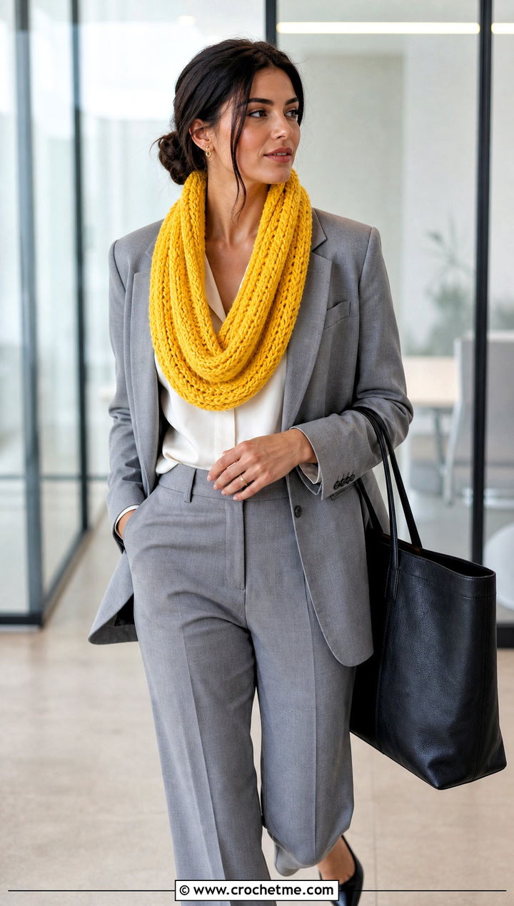 Ribbed Crochet Cowl With Blazer And Trousers - 15 Crochet For Cowl Scarf outfit ideas