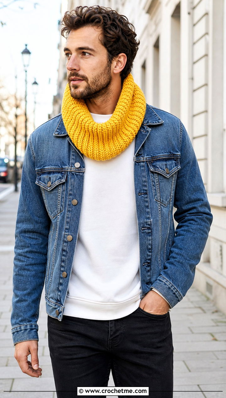 Ribbed Crochet Cowl With Denim Jacket - 30 crochet cowl for men outfit ideas