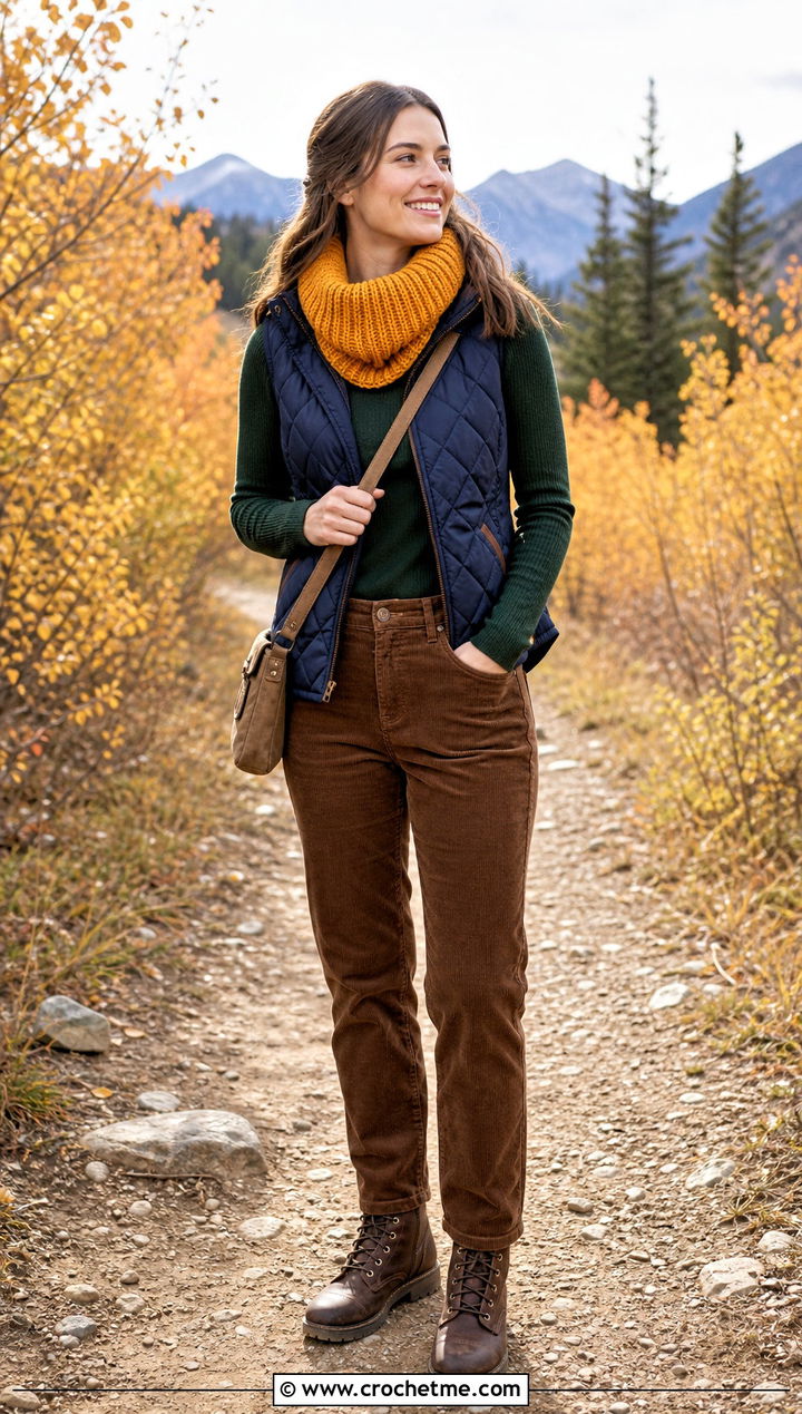 Ribbed Crochet Cowl With Quilted Vest - 35 crochet neck scarf outfit ideas