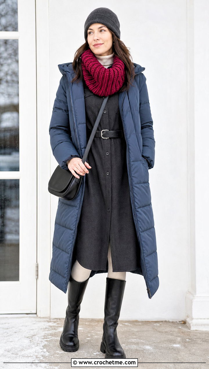 Ribbed Crochet Cowl With Shirt Dress and Puffer Coat - 35 Winter Crochet Scarf outfit ideas