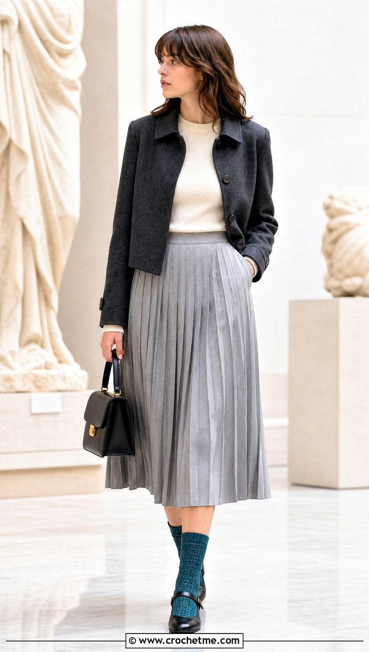Ribbed Crochet Crew Socks With Pleated Midi Skirt - 35 crochet sock outfit ideas