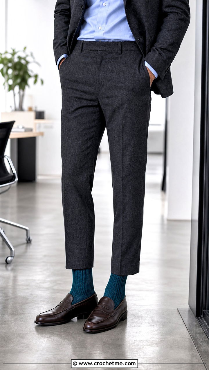 Ribbed Crochet Crew Socks With Tailored Trousers And Loafers - 25 Quick Crochet Socks outfit ideas