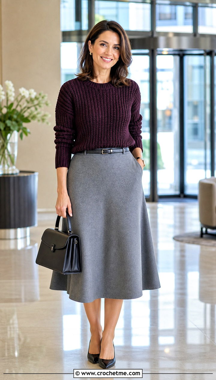 Ribbed Crochet Crewneck Sweater With A Line Skirt - 30 crochet crewneck sweater outfit ideas