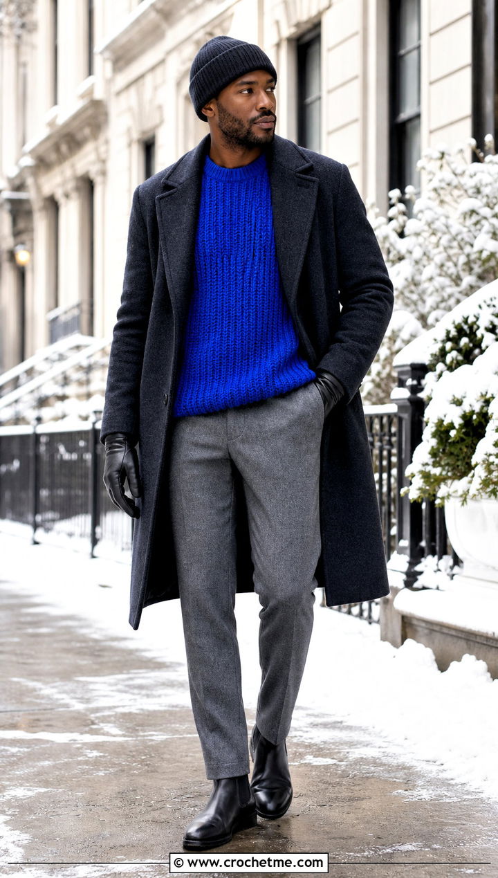 Ribbed Crochet Crewneck Sweater With Overcoat - 35 men's crochet sweater ideas