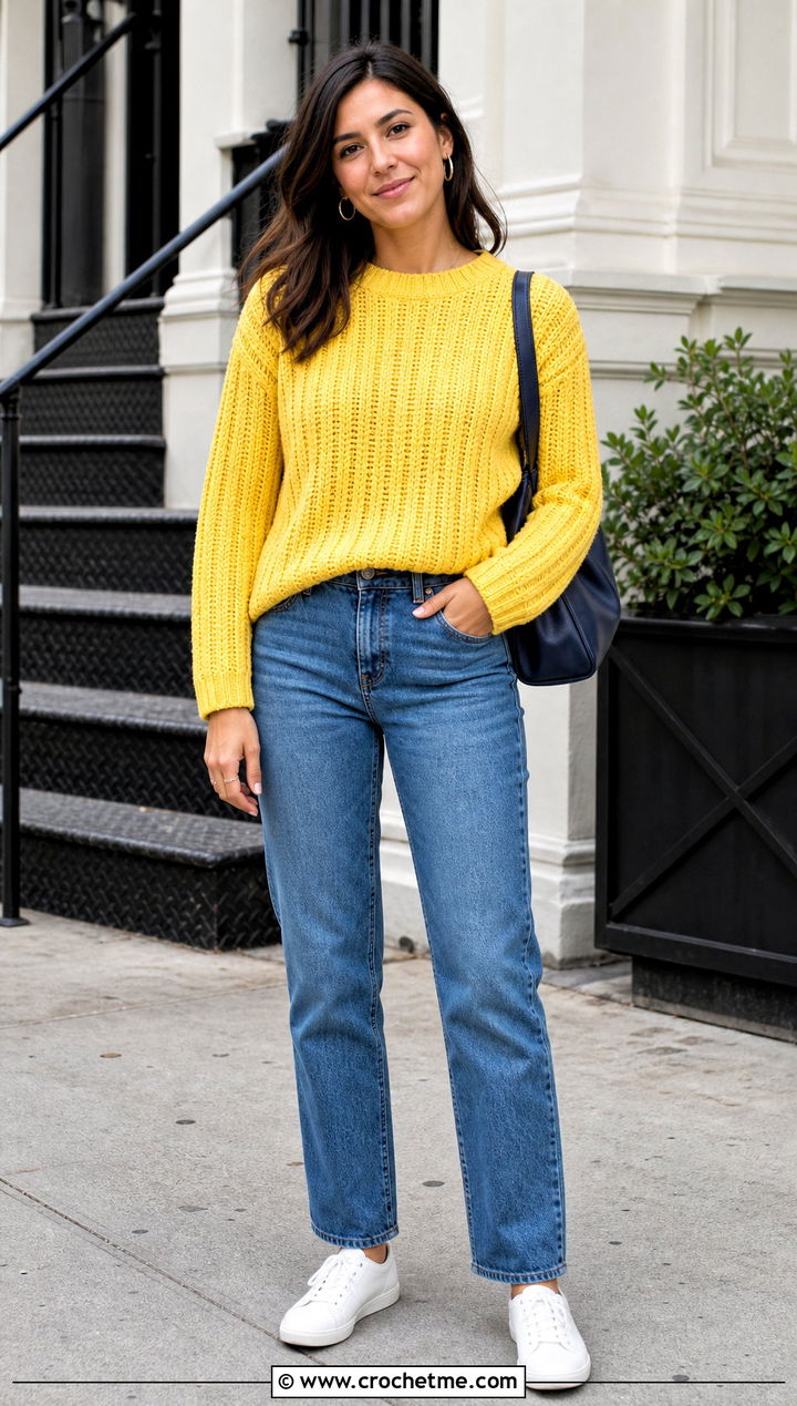 Ribbed Crochet Crewneck Sweater With Straight Leg Jeans - 25 Ribbed Crochet Sweater outfit ideas