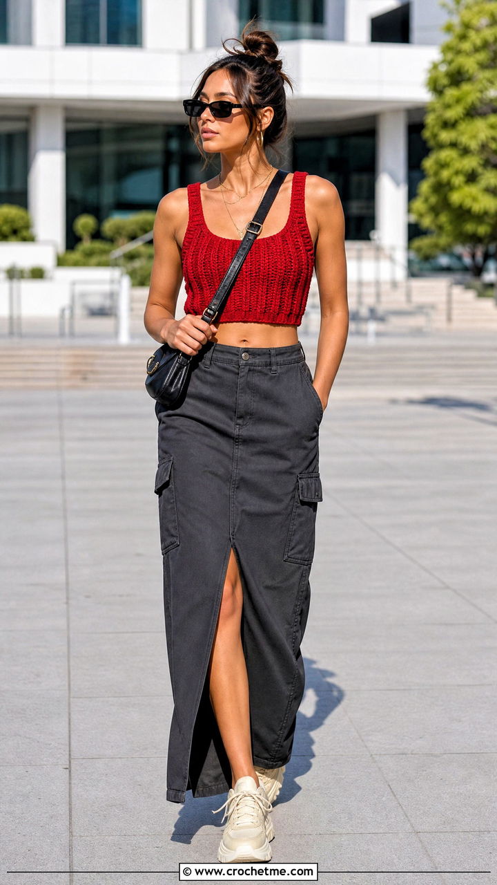 Ribbed Crochet Crop Top With Cargo Maxi Skirt - 35 crochet crop top outfit ideas