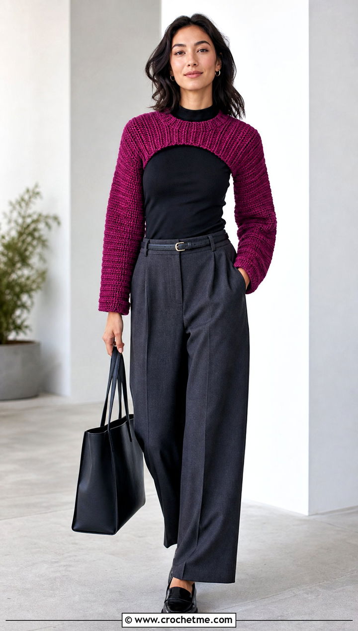 Ribbed Crochet Cropped Shrug With Tailored Trousers - 25 Crochet Cropped Shrug outfit ideas