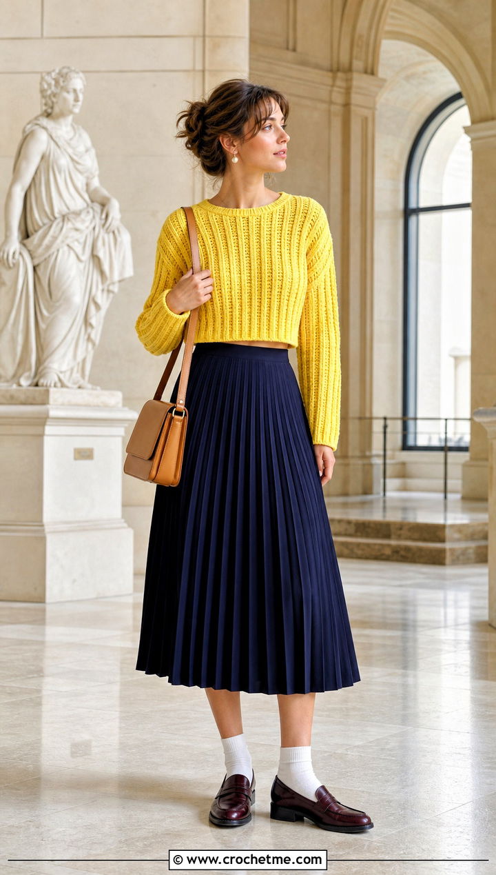Ribbed Crochet Cropped Sweater With Pleated Midi Skirt - 20 Easy Crochet Cropped Sweater outfit ideas