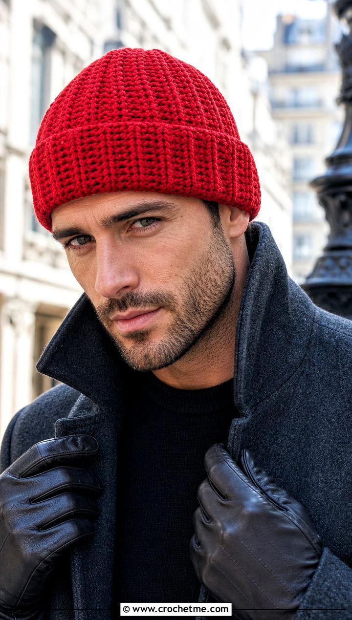 Ribbed Crochet Cuff Beanie With Wool Overcoat - 25 Crochet Mens Winter Hat outfit ideas