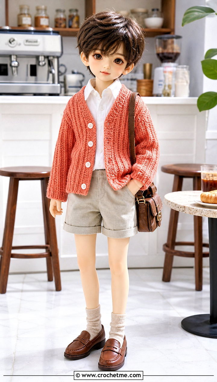 Ribbed Crochet Doll Cardigan With Tailored Shorts - 30 crochet doll jacket outfit ideas