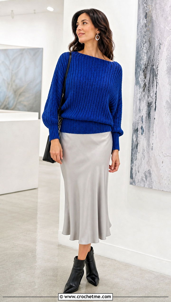 Ribbed Crochet Dolman Sweater With Bias Cut Skirt - 25 Ribbed Crochet Sweater outfit ideas