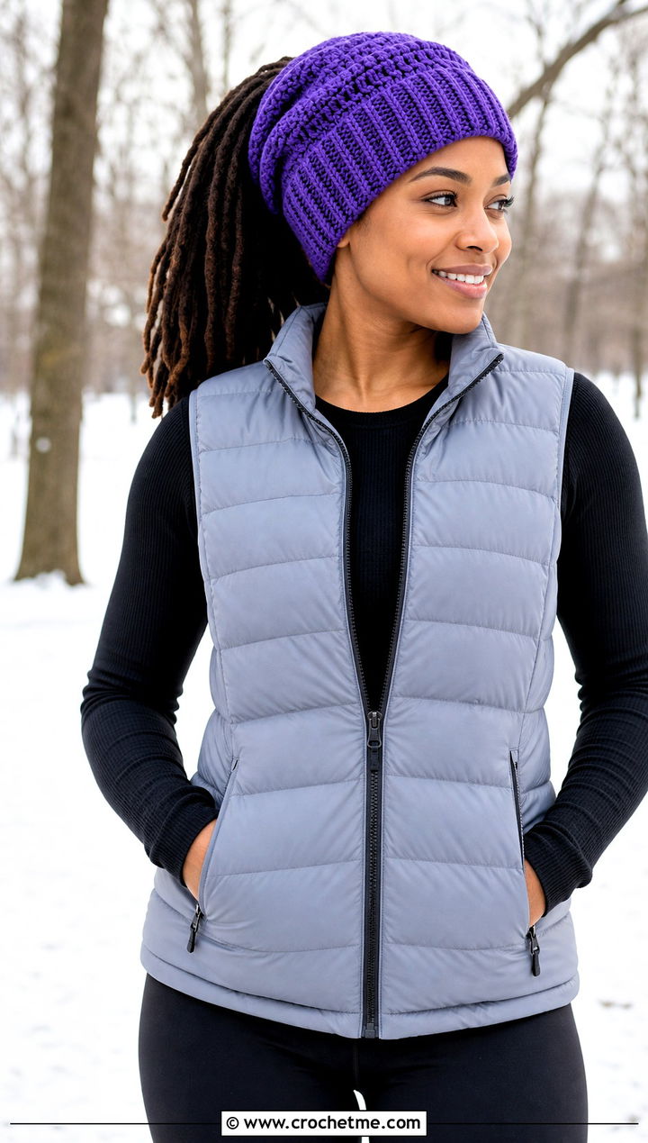 Ribbed Crochet Dreadlock Beanie With Puffer Vest And Leggings - 25 Crochet Dreadlock Hat outfit ideas