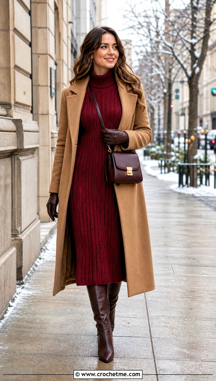 Ribbed Crochet Dress With Long Wool Coat - 30 modest crochet dress outfit ideas