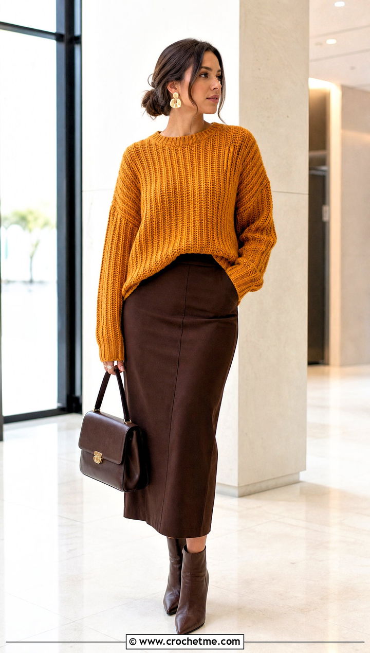 Ribbed Crochet Drop Shoulder Sweater With Column Skirt - 30 crochet drop shoulder sweater outfit ideas