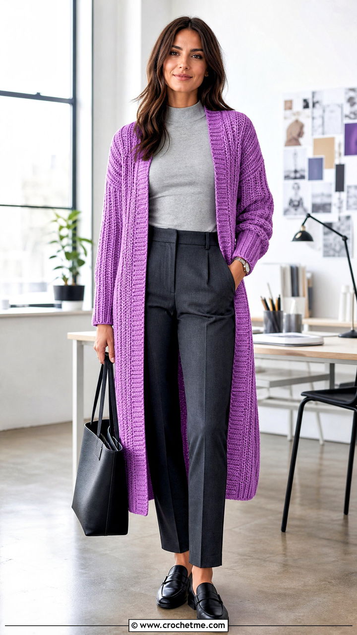 Ribbed Crochet Duster Cardigan With Office Trousers - 35 crochet duster cardigan outfit ideas