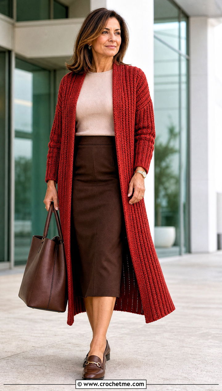 Ribbed Crochet Duster With Pencil Skirt And Loafers - 25 Easy Crochet Duster outfit ideas