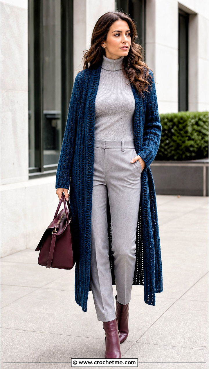 Ribbed Crochet Duster With a Turtleneck Outfit - 35 crochet long jacket outfit ideas