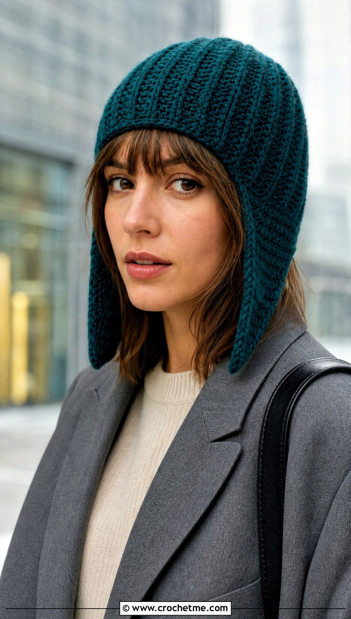 Ribbed Crochet Ear Flap Hat With Blazer And Jeans - 30 crochet adult ear flap hat outfit ideas