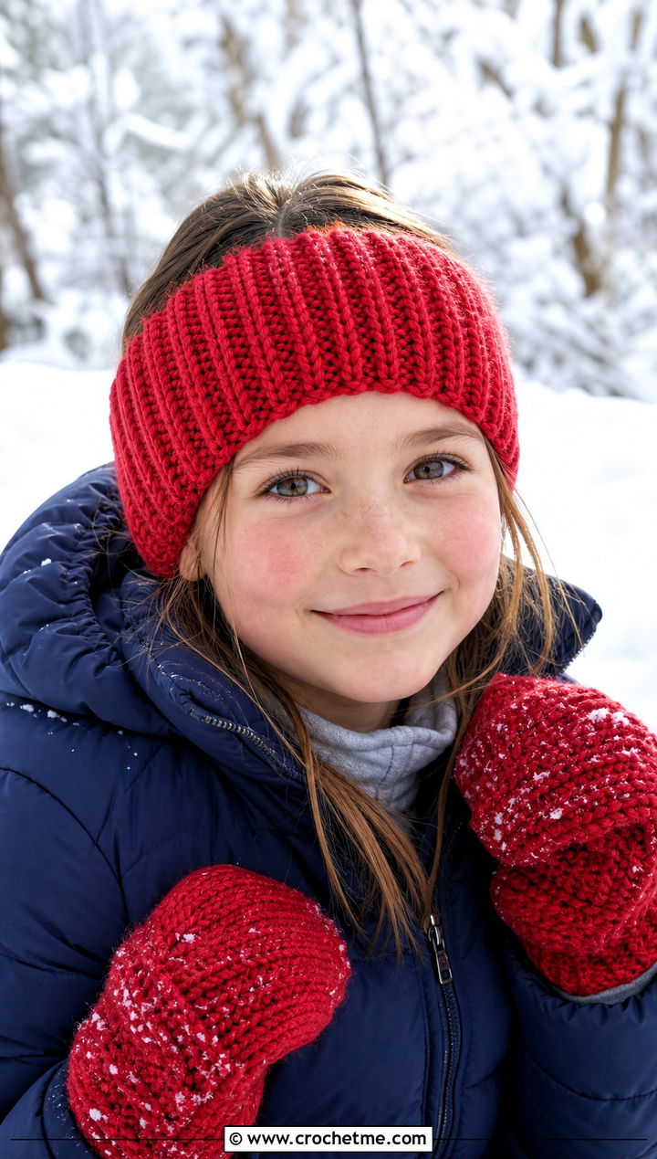Ribbed Crochet Ear Warmer With Puffer Coat - 15 Childrens Crochet Headband outfit ideas