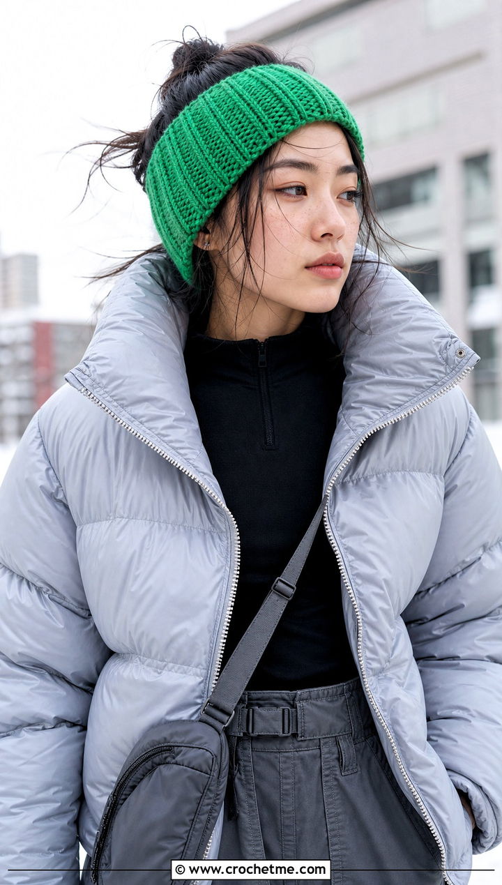 Ribbed Crochet Ear Warmer With Puffer Jacket - 35 crochet headwrap outfit ideas