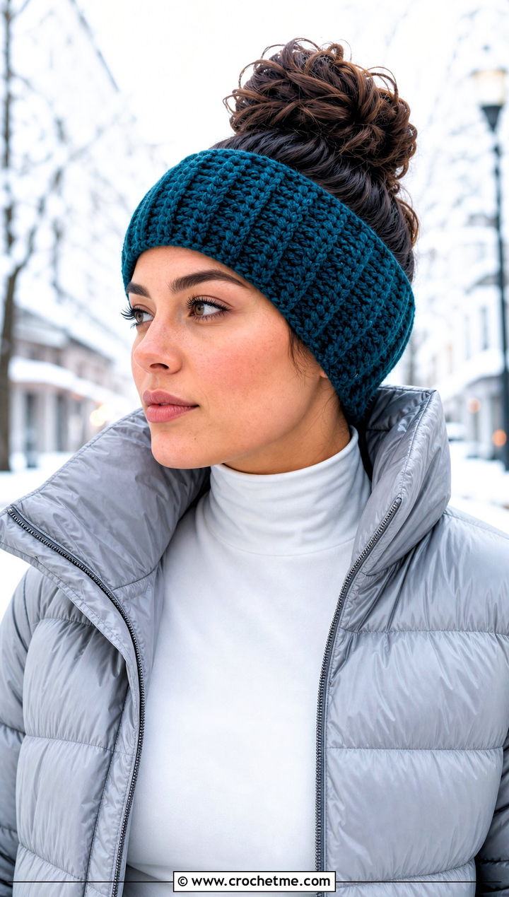 Ribbed Crochet Ear Warmer With Puffer Jacket - 30 quick crochet headband outfit ideas