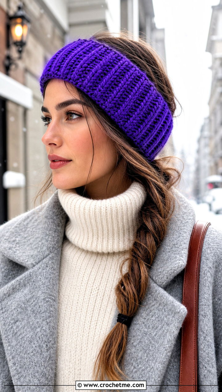 Ribbed Crochet Ear Warmer With Sweater Coat - 30 boho crochet headband outfit ideas