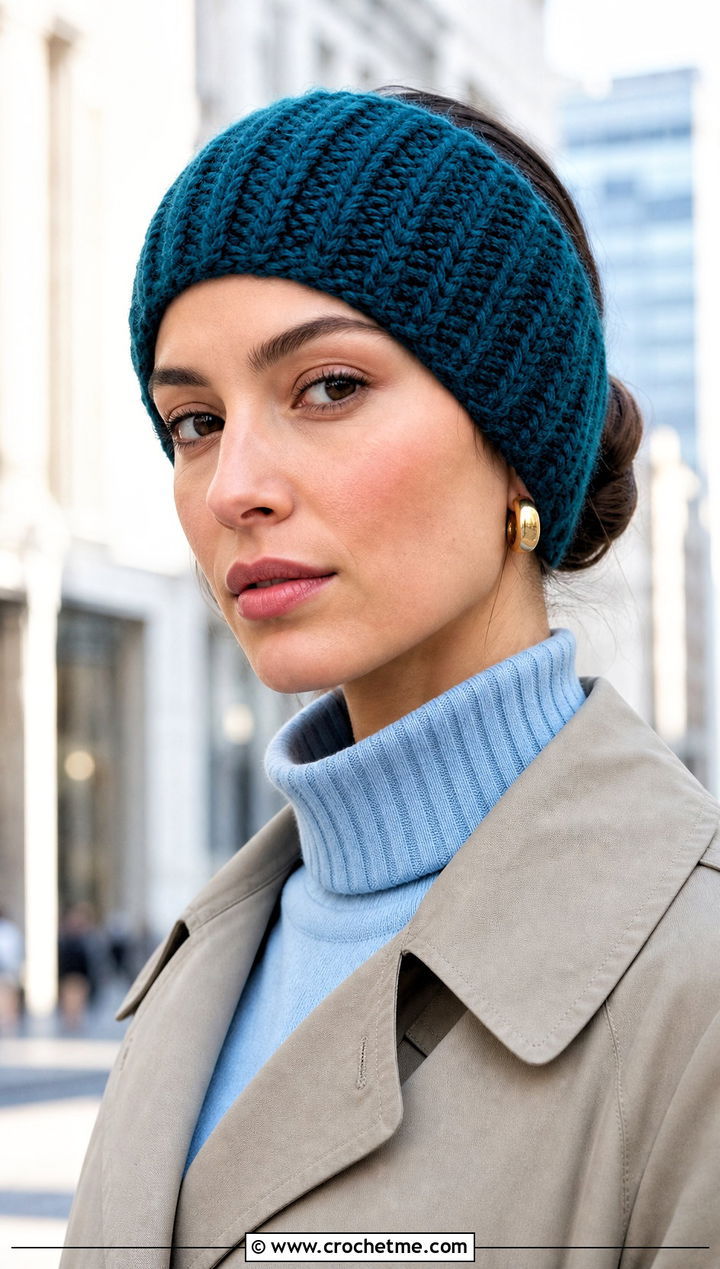 Ribbed Crochet Ear Warmer With Trench Coat - 30 crochet fall headband outfit ideas