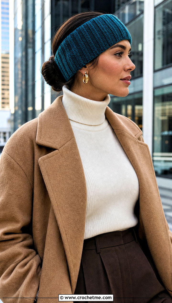 Ribbed Crochet Ear Warmer With Wool Coat - 20 Crochet Headband Ear Warmers outfit ideas