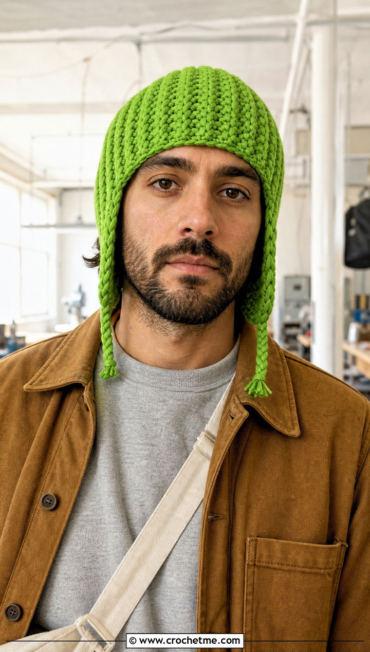 Ribbed Crochet Earflap Beanie With Chore Jacket - 20 Mens Crochet Earflap Hat outfit ideas