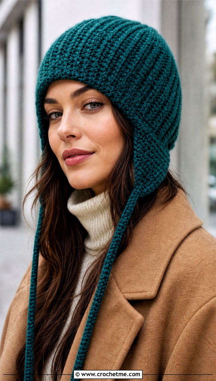 Ribbed Crochet Earflap Beanie With Wool Coat - 30 crochet flap hat outfit ideas