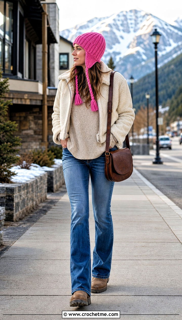 Ribbed Crochet Earflap Hat With Shearling Jacket - 35 ribbed crochet hat outfit ideas