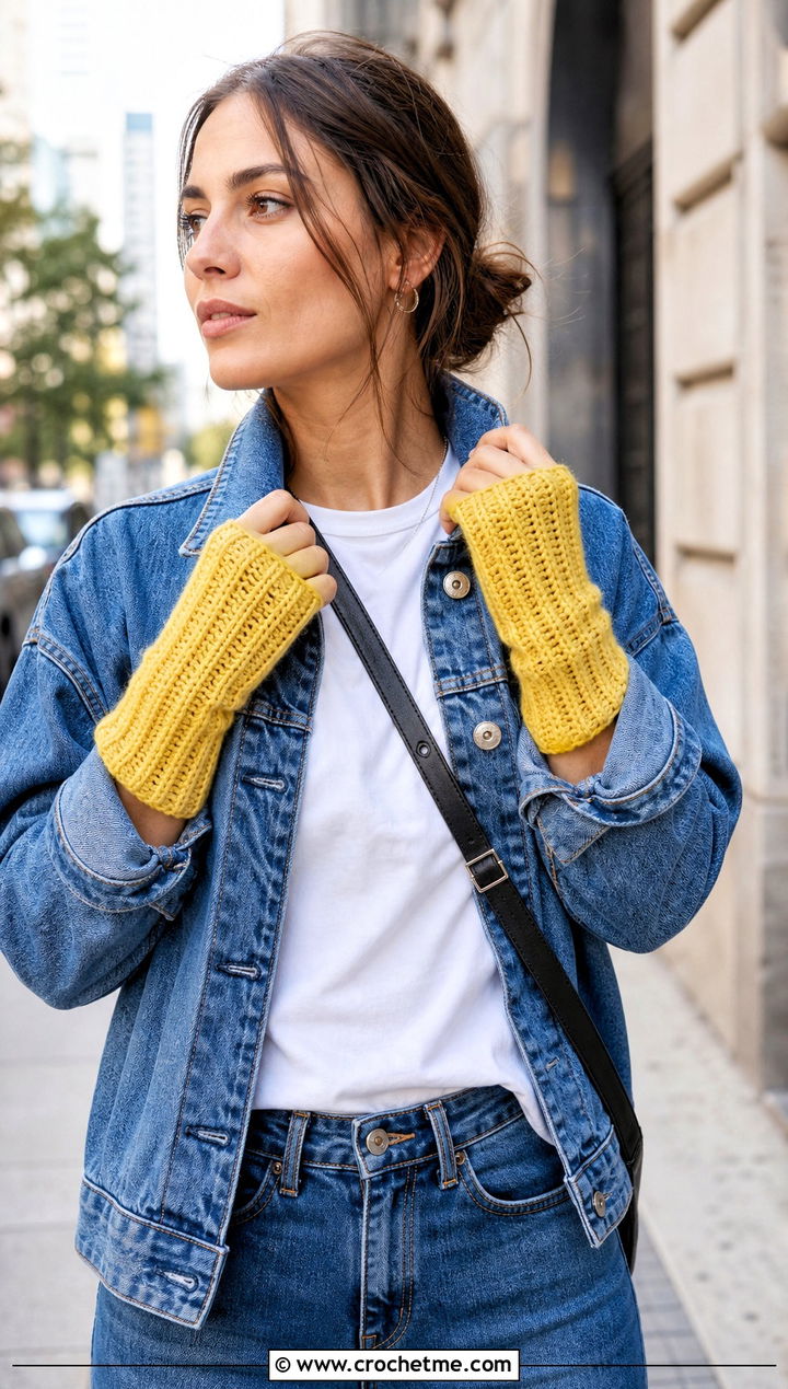Ribbed Crochet Fingerless Gloves With Denim Jacket - 35 crochet gloves fingers outfit ideas