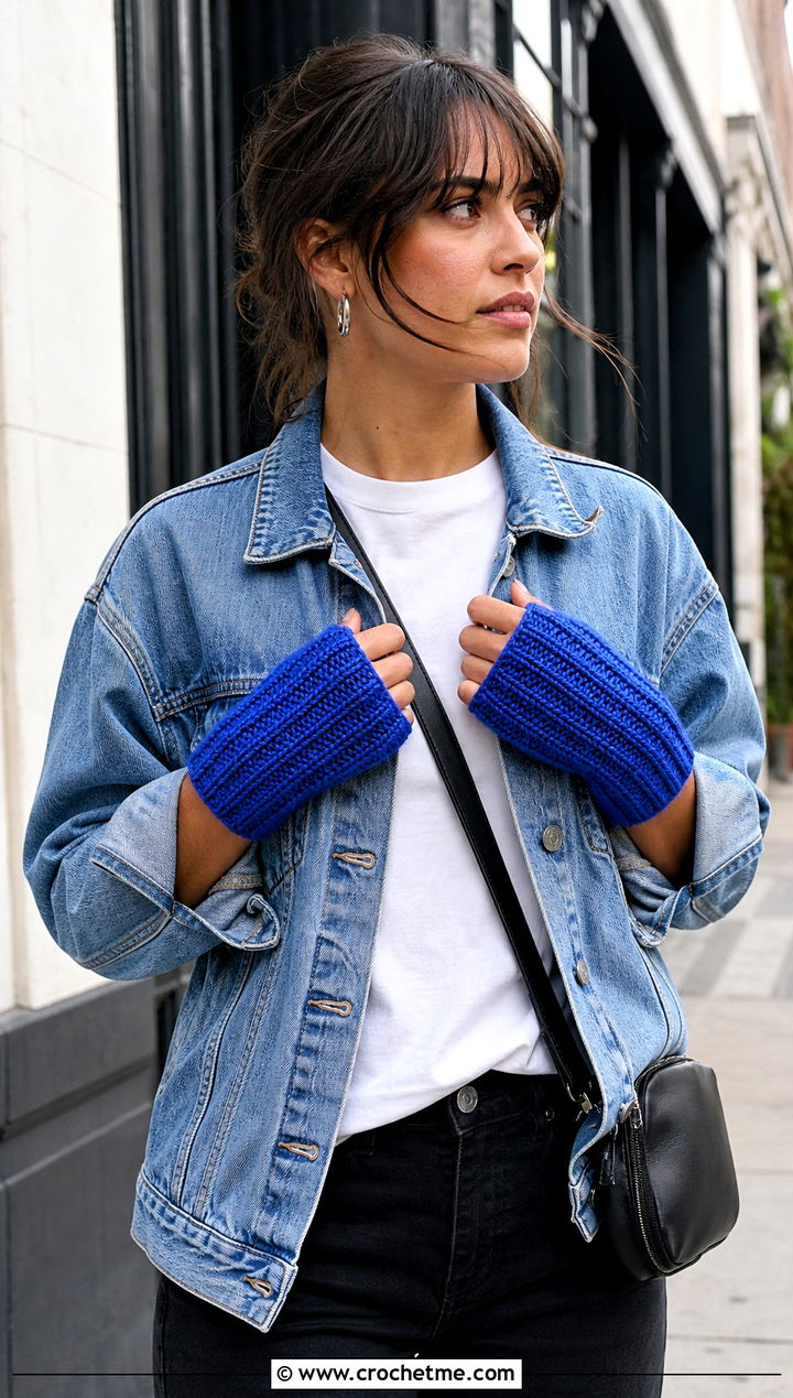 Ribbed Crochet Fingerless Gloves With Denim Jacket - 30 easy crochet hand warmers outfit ideas