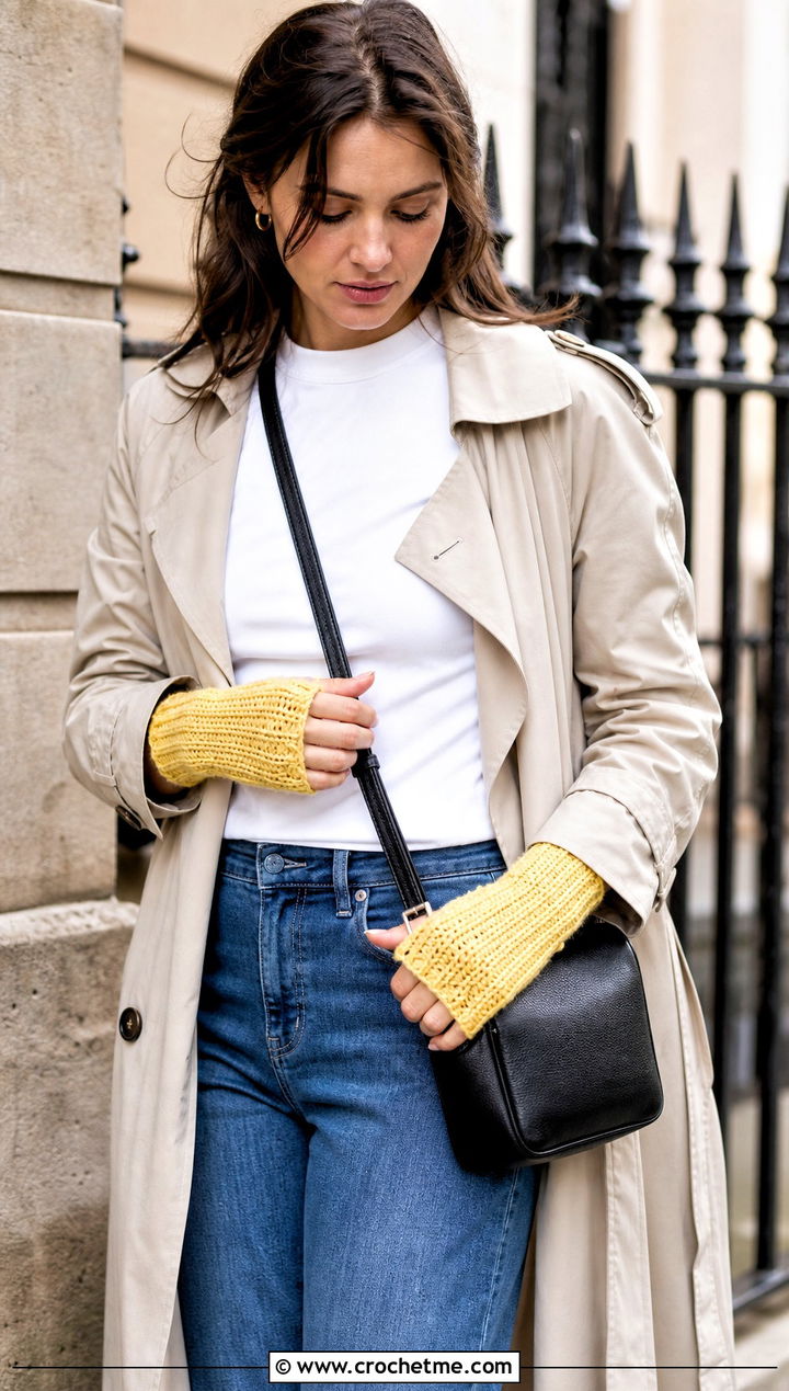 Ribbed Crochet Fingerless Gloves With T Shirt And Jeans - 25 Simple Crochet Fingerless Gloves outfit ideas