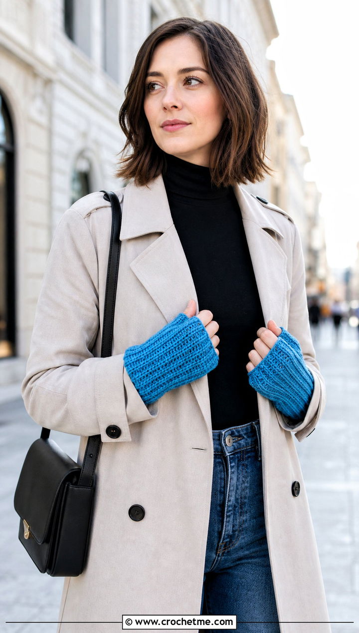 Ribbed Crochet Fingerless Mitts With Trench Coat - 30 crochet half gloves fingerless mitts outfit ideas