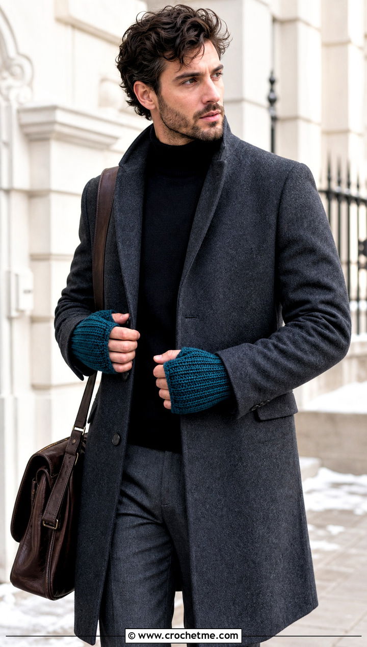 Ribbed Crochet Fingerless Mitts With Wool Overcoat - 25 Crochet Mens Gloves outfit ideas
