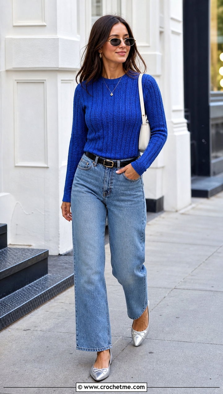 Ribbed Crochet Fitted Sweater With Straight Leg Jeans - 30 crochet fitted sweater outfit ideas