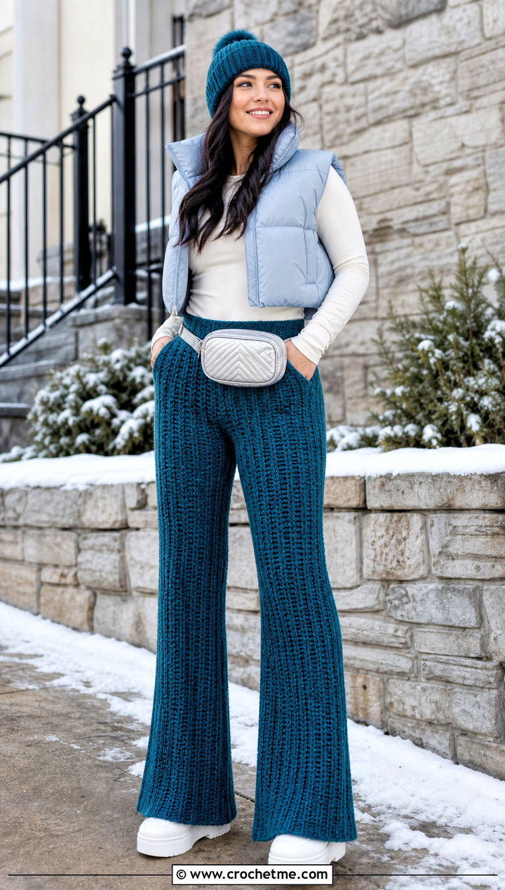 Ribbed Crochet Flare Pants With Puffer Vest - 25 crochet flair pants outfit ideas