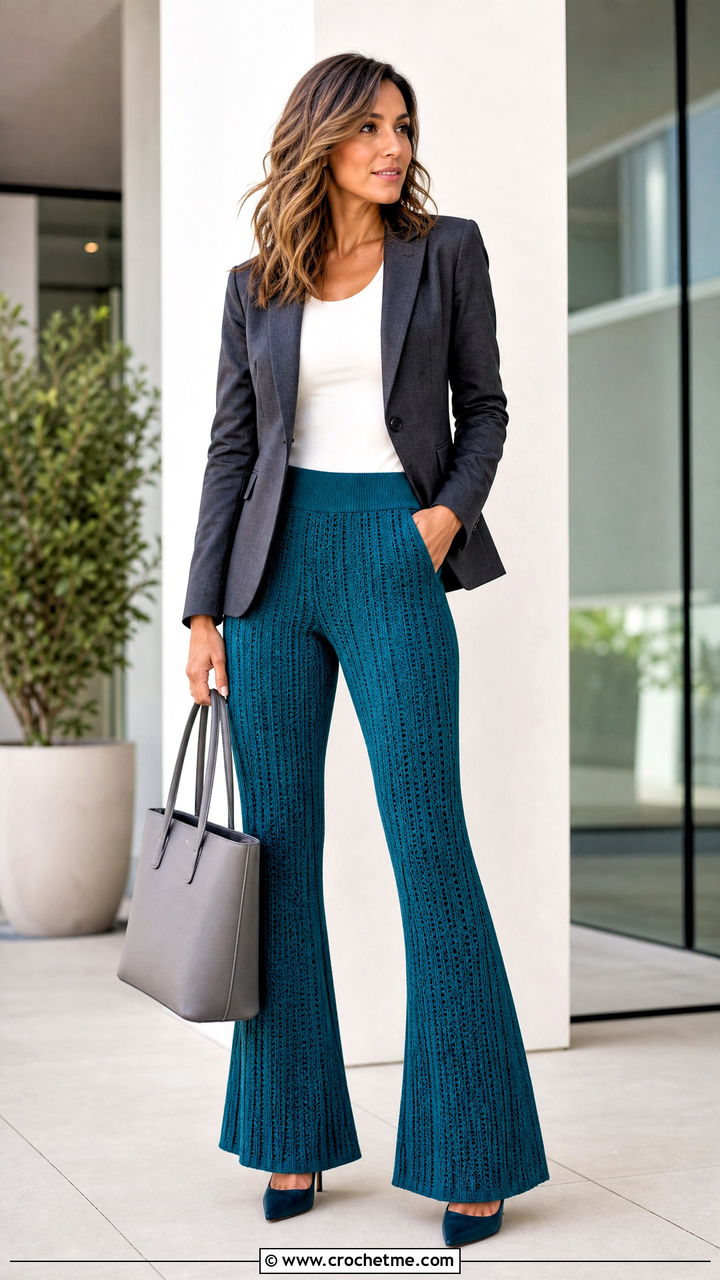 Ribbed Crochet Flare Pants With Tailored Blazer - 35 crochet flare pants outfit ideas