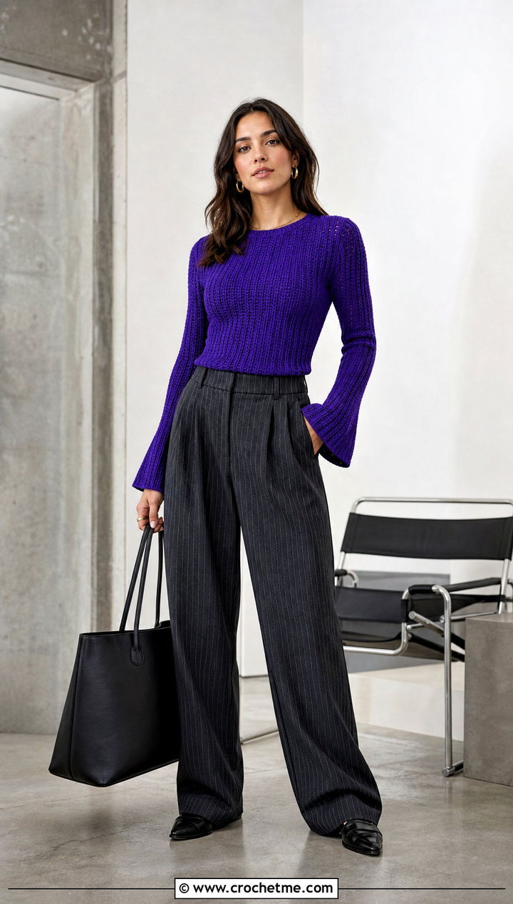 Ribbed Crochet Flare Sleeve Top With Pinstripe Trousers - 20 Crochet Top With Flare Sleeves outfit ideas