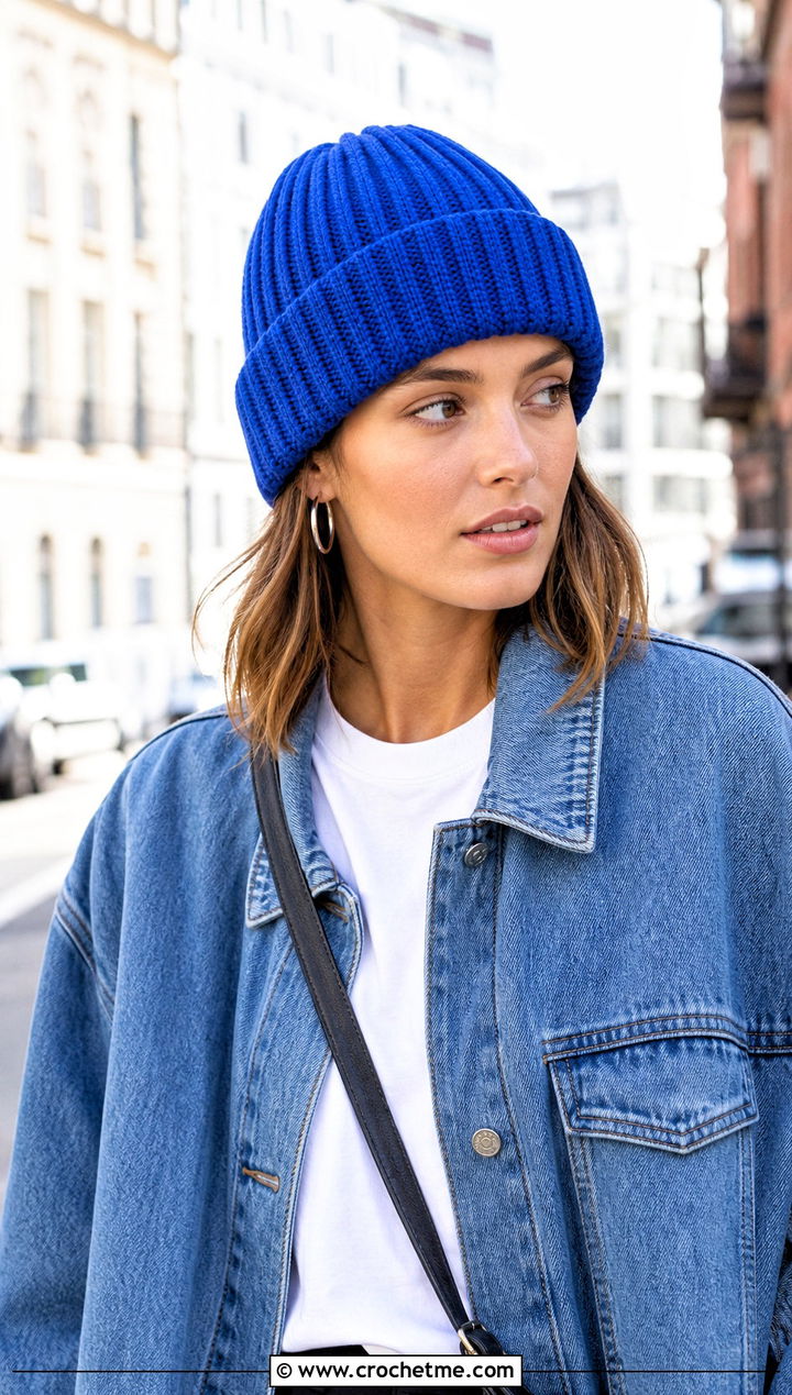Ribbed Crochet Fold Up Brim Beanie With Denim Jacket - 15 Crochet Hat With Fold Up Brim outfit ideas
