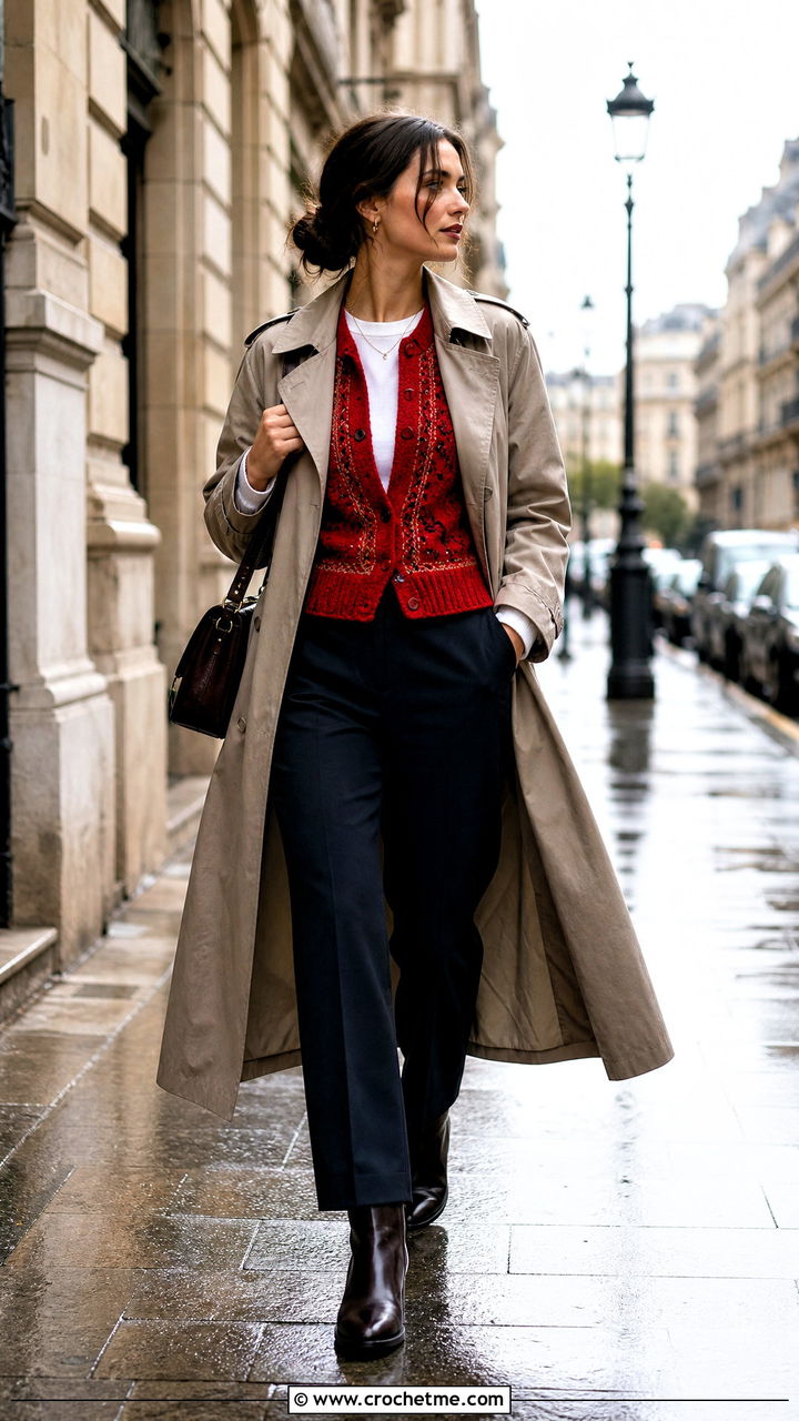 Ribbed Crochet Folklore Cardigan With Trench Coat - 35 crochet folklore cardigan outfit ideas