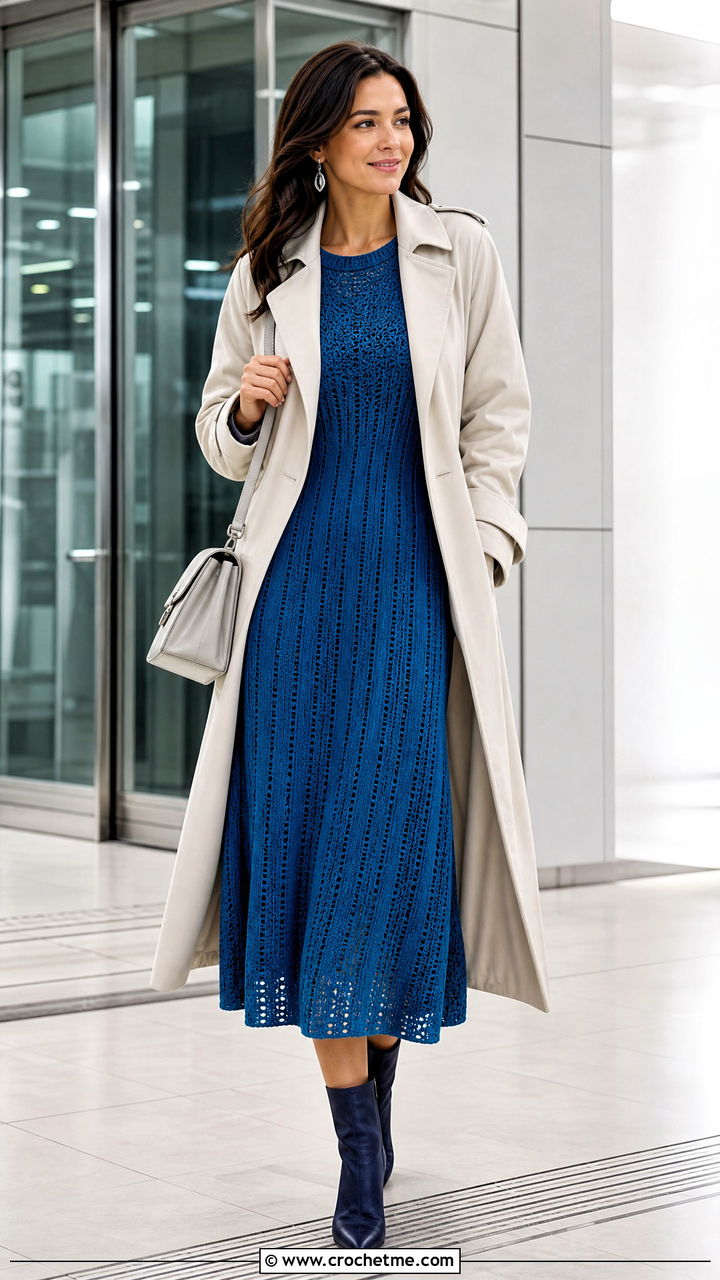 Ribbed Crochet Frock With Trench Coat - 35 Crochet Frocks For Women outfit ideas