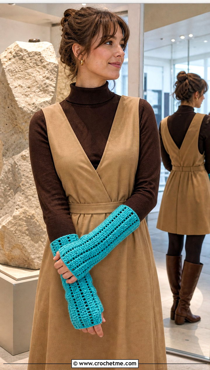 Ribbed Crochet Gauntlets With Pinafore Dress - 30 crochet hand mittens outfit ideas