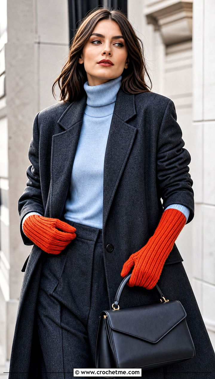 Ribbed Crochet Gloves With Wool Coat - 25 crocheted gloves outfit ideas