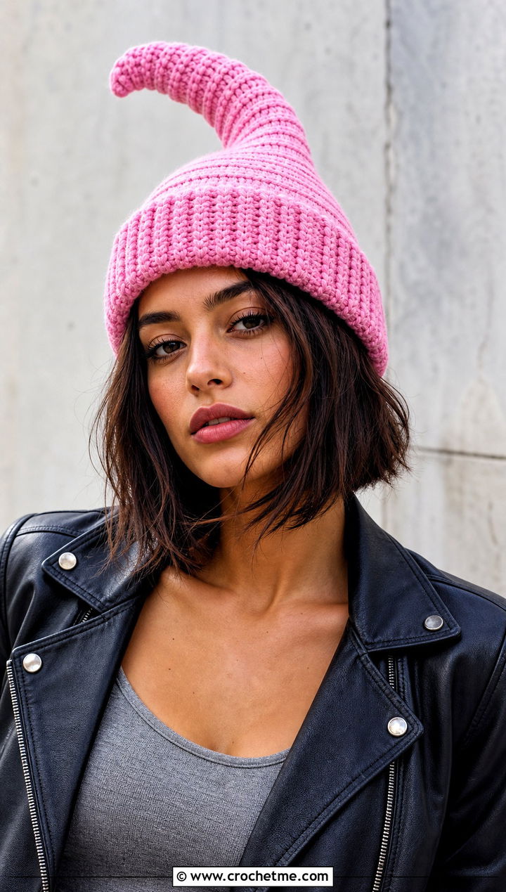 Ribbed Crochet Gnome Hat With Leather Jacket - 15 Adult Crochet Gnome Hat outfit ideas