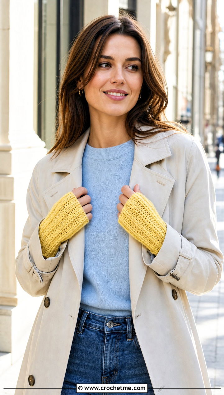 Ribbed Crochet Half Finger Gloves With Trench Coat - 30 crochet half finger gloves outfit ideas