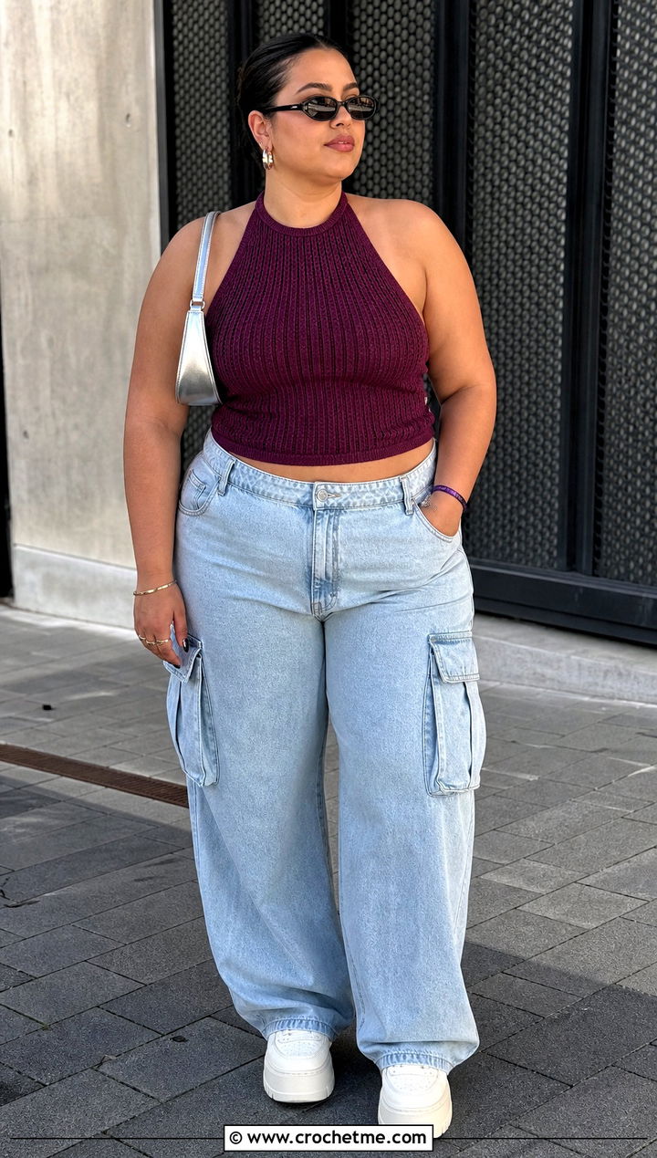 Ribbed Crochet Halter Top With Cargo Jeans - 30 plus size crochet halter top outfit ideas