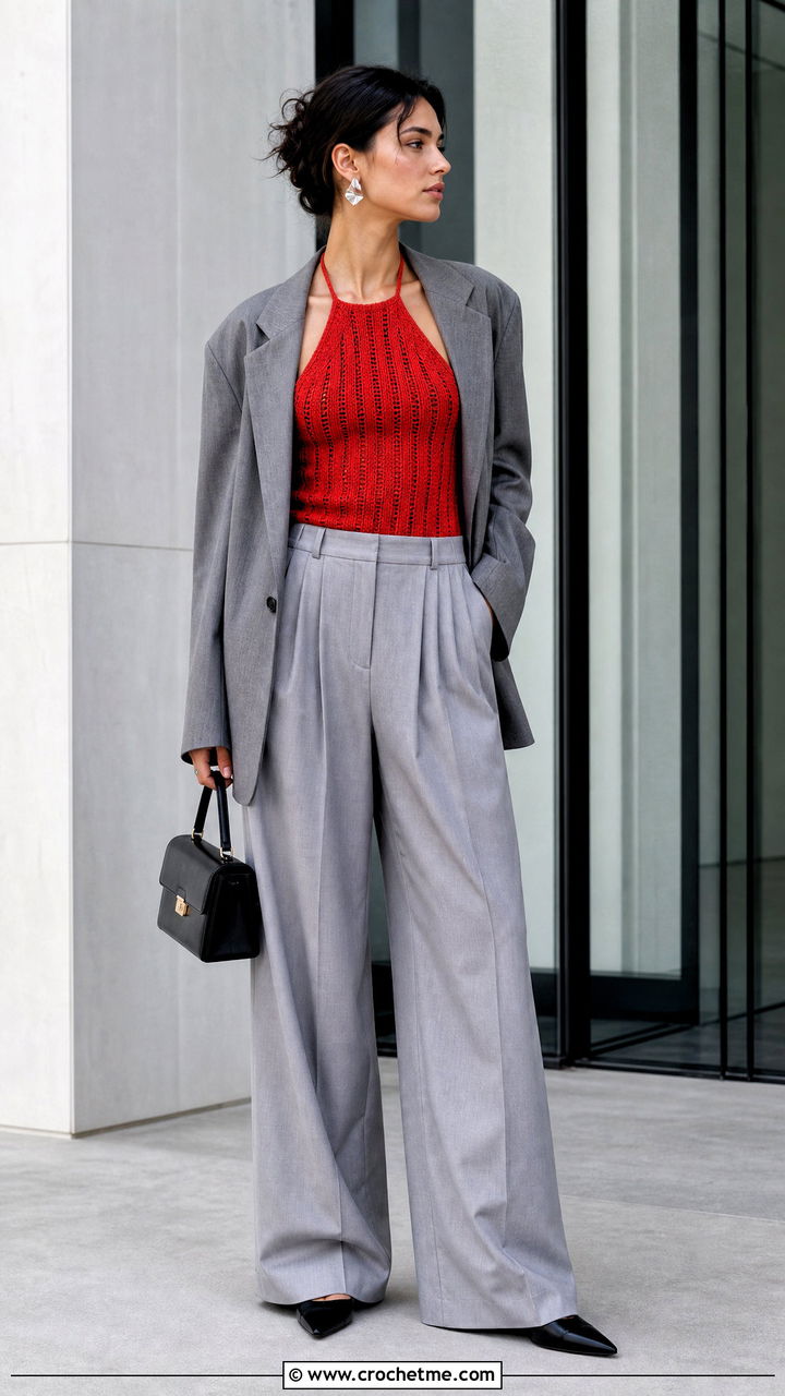 Ribbed Crochet Halter Top With Tailored Trousers - 35 boho crochet top outfit ideas